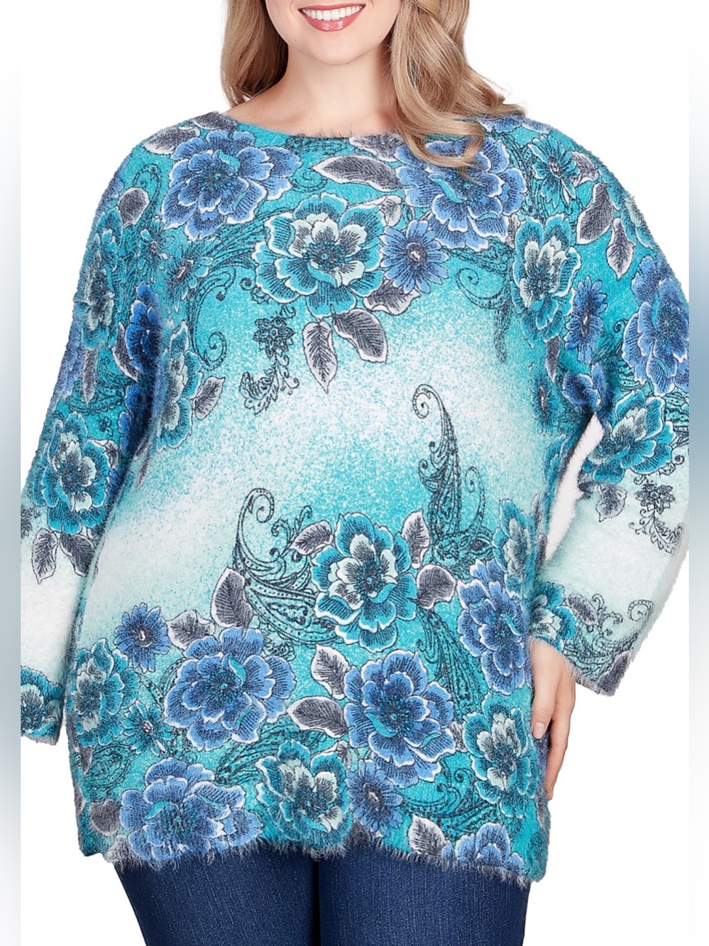 Ruby Rd. Plus Size Teal & Blue Floral Knit Pullover Sweater.